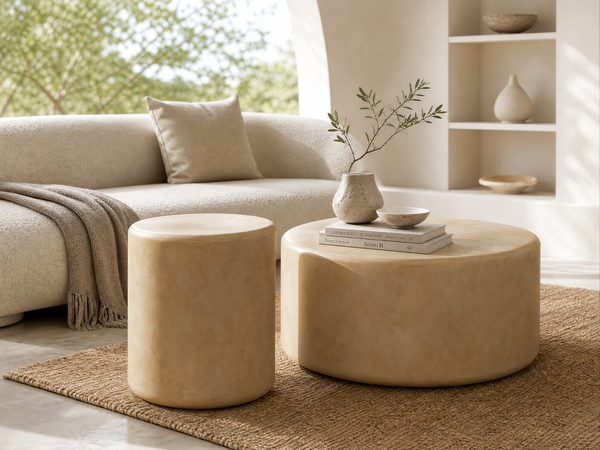 `KOSA T19 Cylindrical Nesting Coffee Table Set-Beige Plaster Finish`