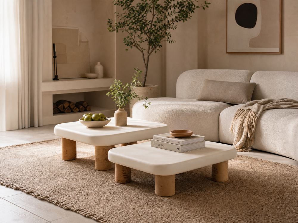 `KOSA T21 Low Square Coffee Table Set with Cork Legs-Cream White`