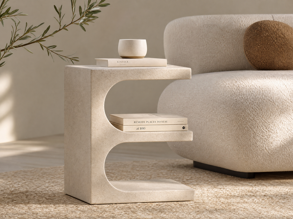 `KOSA T13 C-Shaped Side Table with Shelves-Beige Travertine-Look`