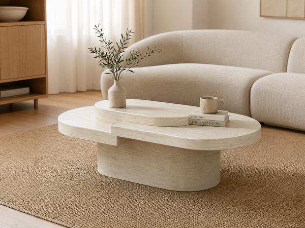 `KOSA T12 Tiered Travertine-Look Coffee Table-Off-White`