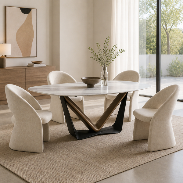 'CORAL 04 Marble Dining Table with V-Shape Metal Base-White Marble'