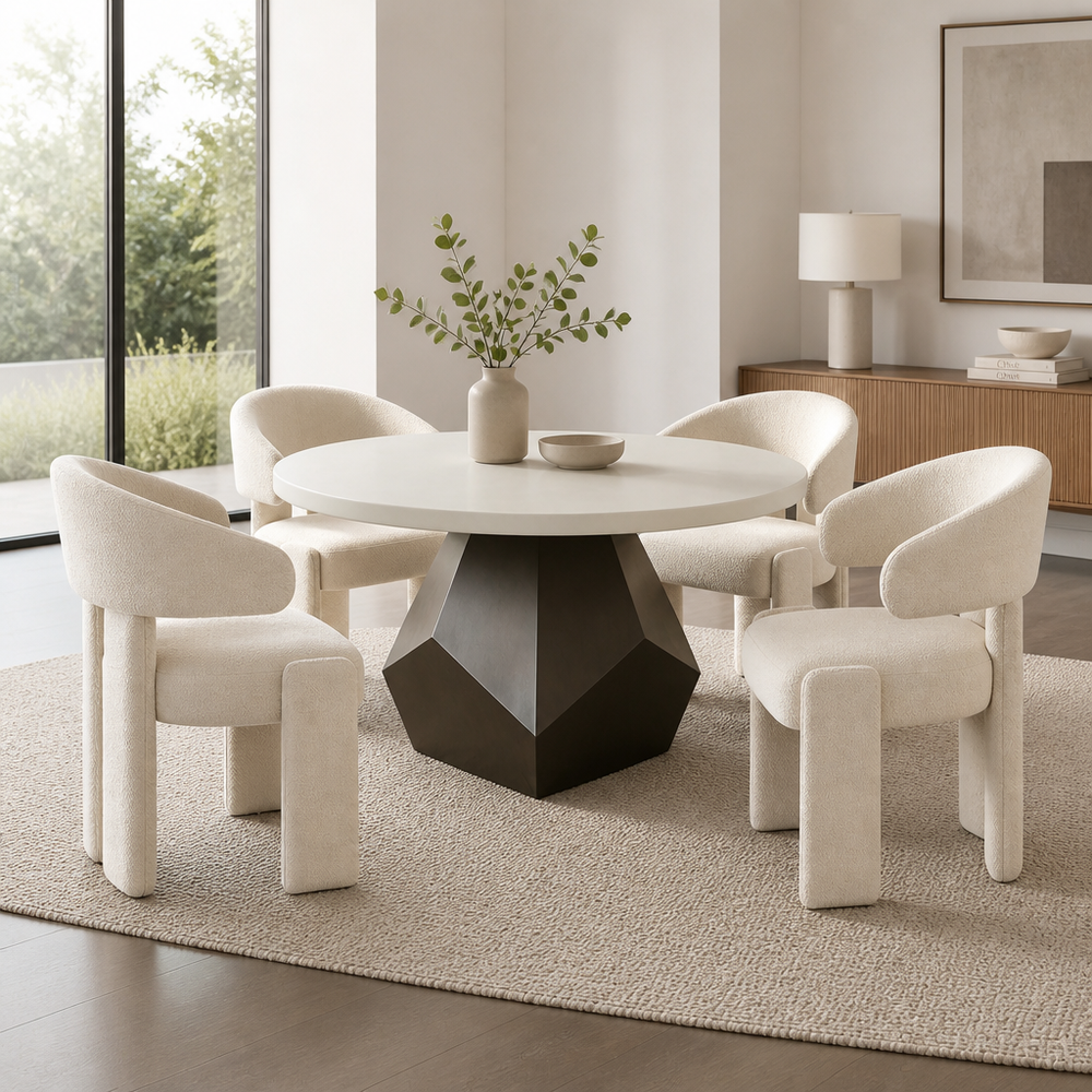 'CORAL 08 Round Dining Table with Geometric Metal Base-Off-White Top'
