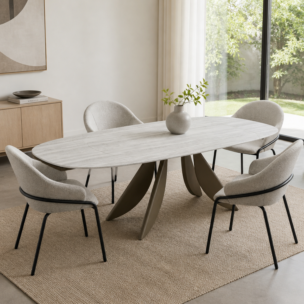 `CORAL 12 Oval Travertine-Look Dining Table with Split Blade Metal Base-Warm Bronze Finish`
