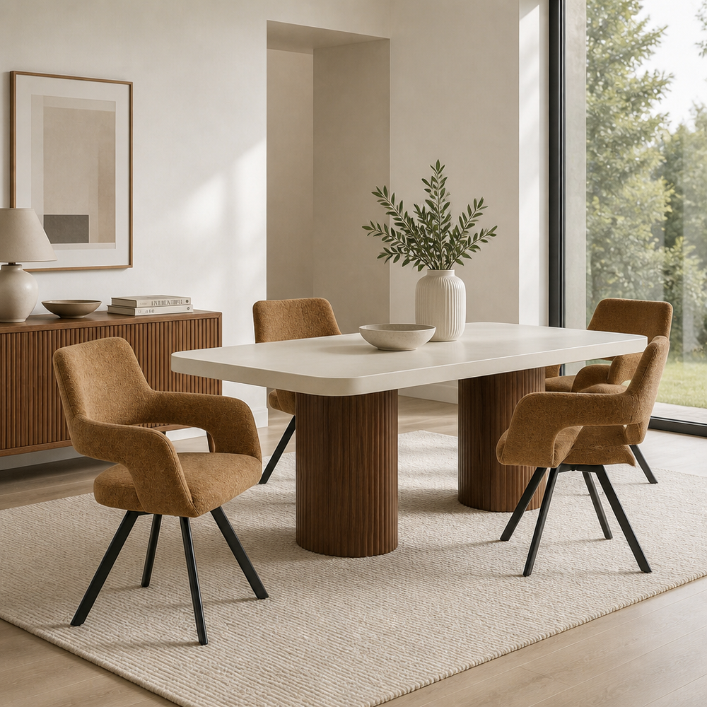 'CORAL 11 Rectangular Dining Table with Fluted Column Legs-White Top Walnut Base'