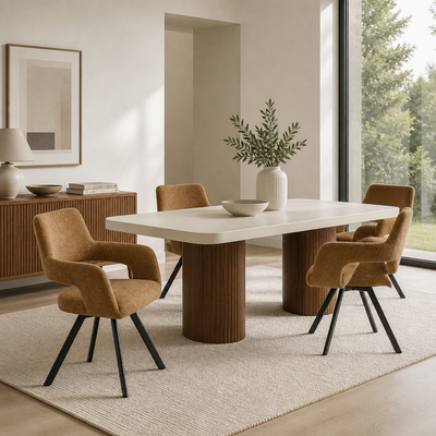 'CORAL 11 Rectangular Dining Table with Fluted Column Legs-White Top Walnut Base'