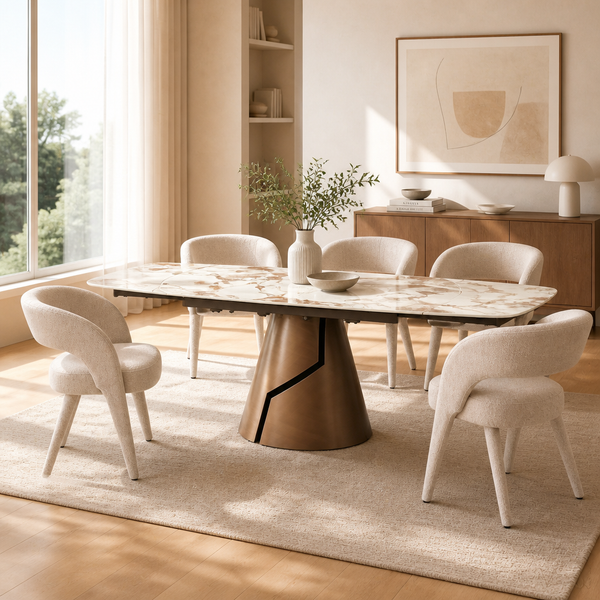 'VENNO 17 Extendable Marble Dining Table with Tapered Bronze Base-Brown Base'