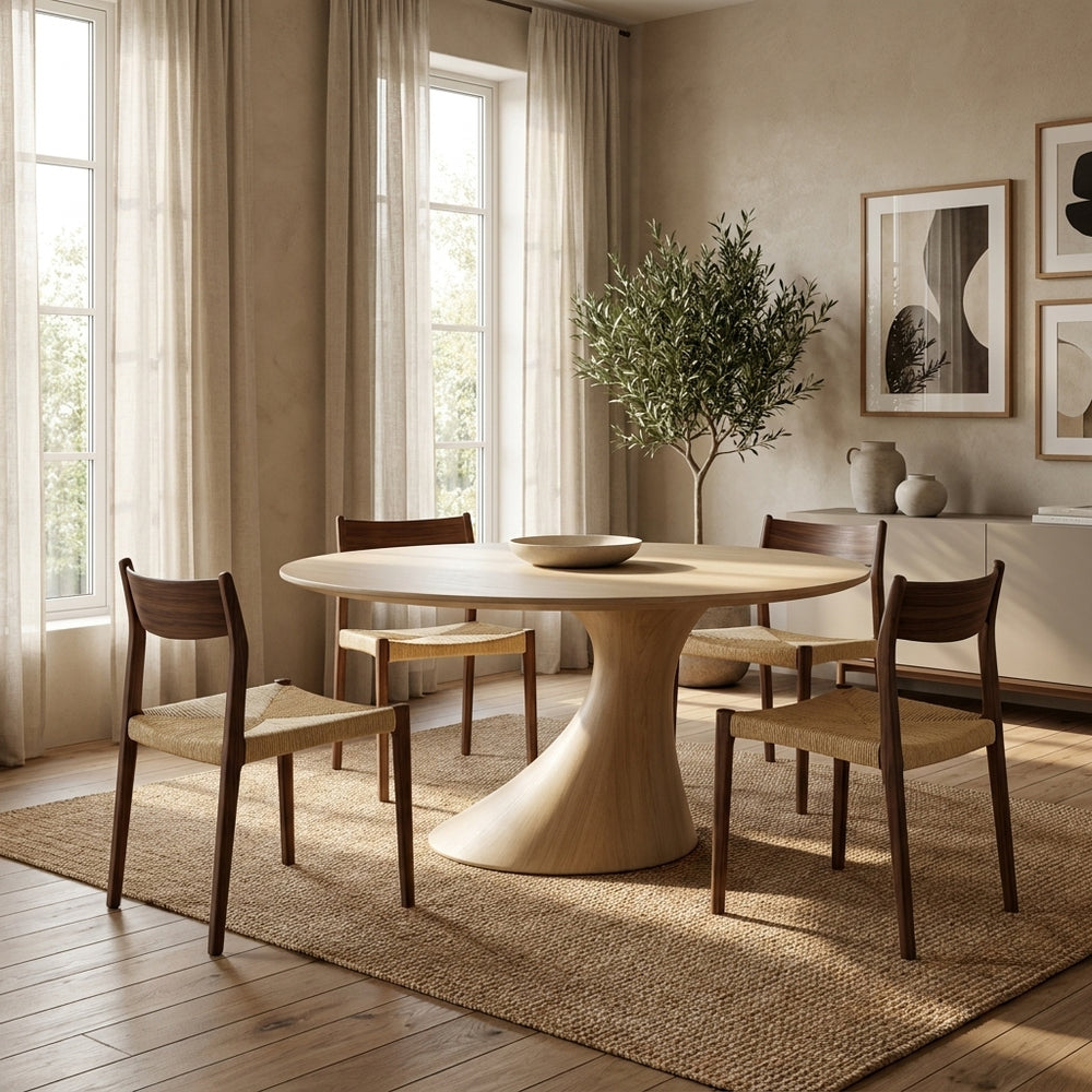 'VENNO 03 Round Dining Table with Pedestal Base-Natural Oak Color'