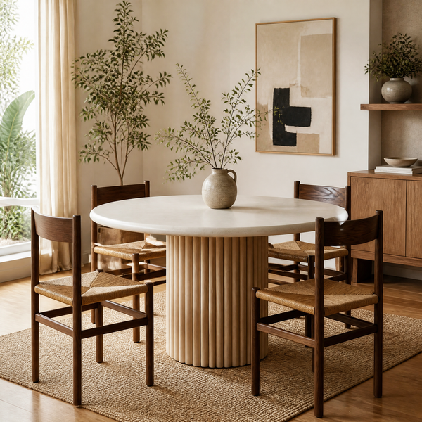 'VENNO 07 Round Dining Table with Fluted Column Base-Light Beige'
