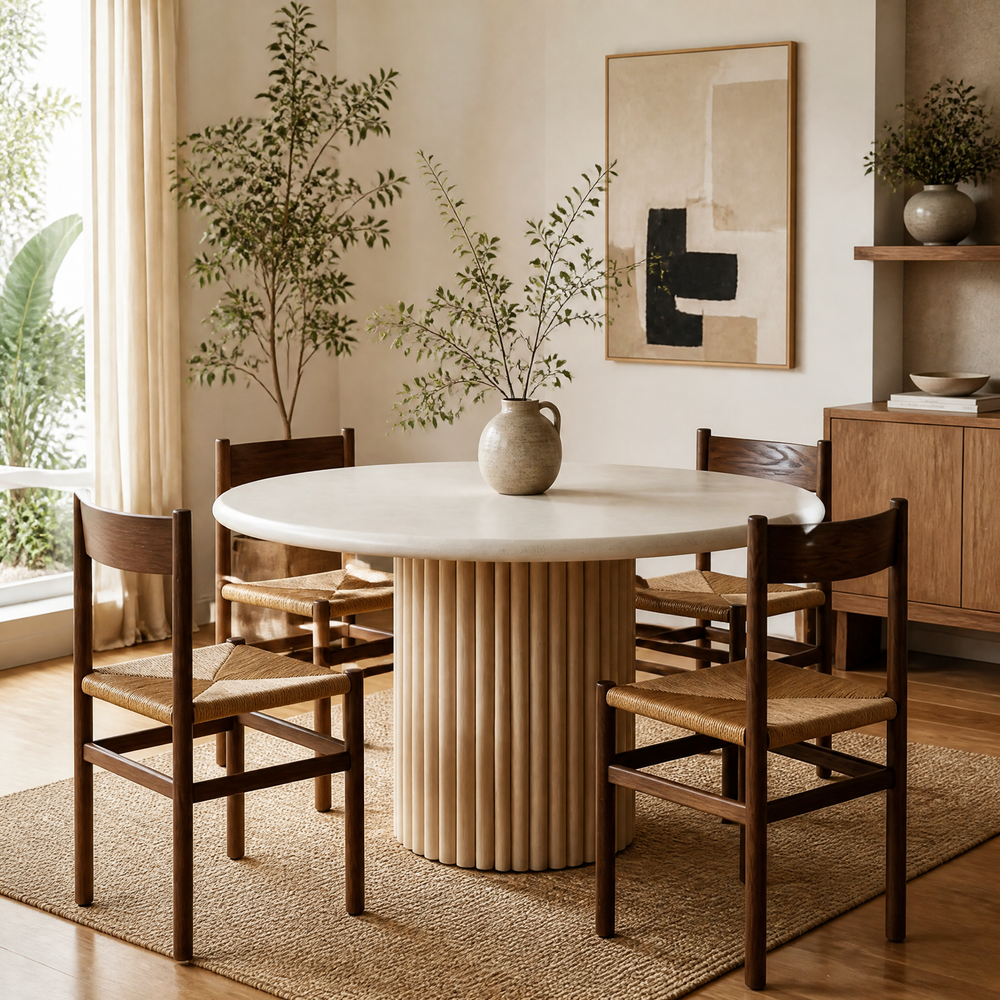 'VENNO 07 Round Dining Table with Fluted Column Base-Light Beige'