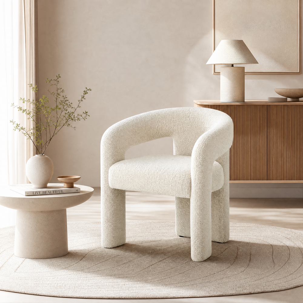 `Lumi C05 White Boucle Lounge Chair-Thick Armrest`