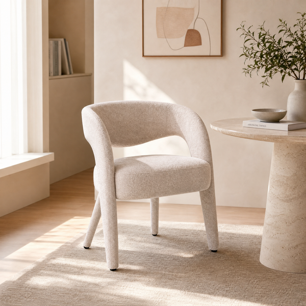 `Lumi C06 Beige Boucle Dining Chair-Curved Armrest`