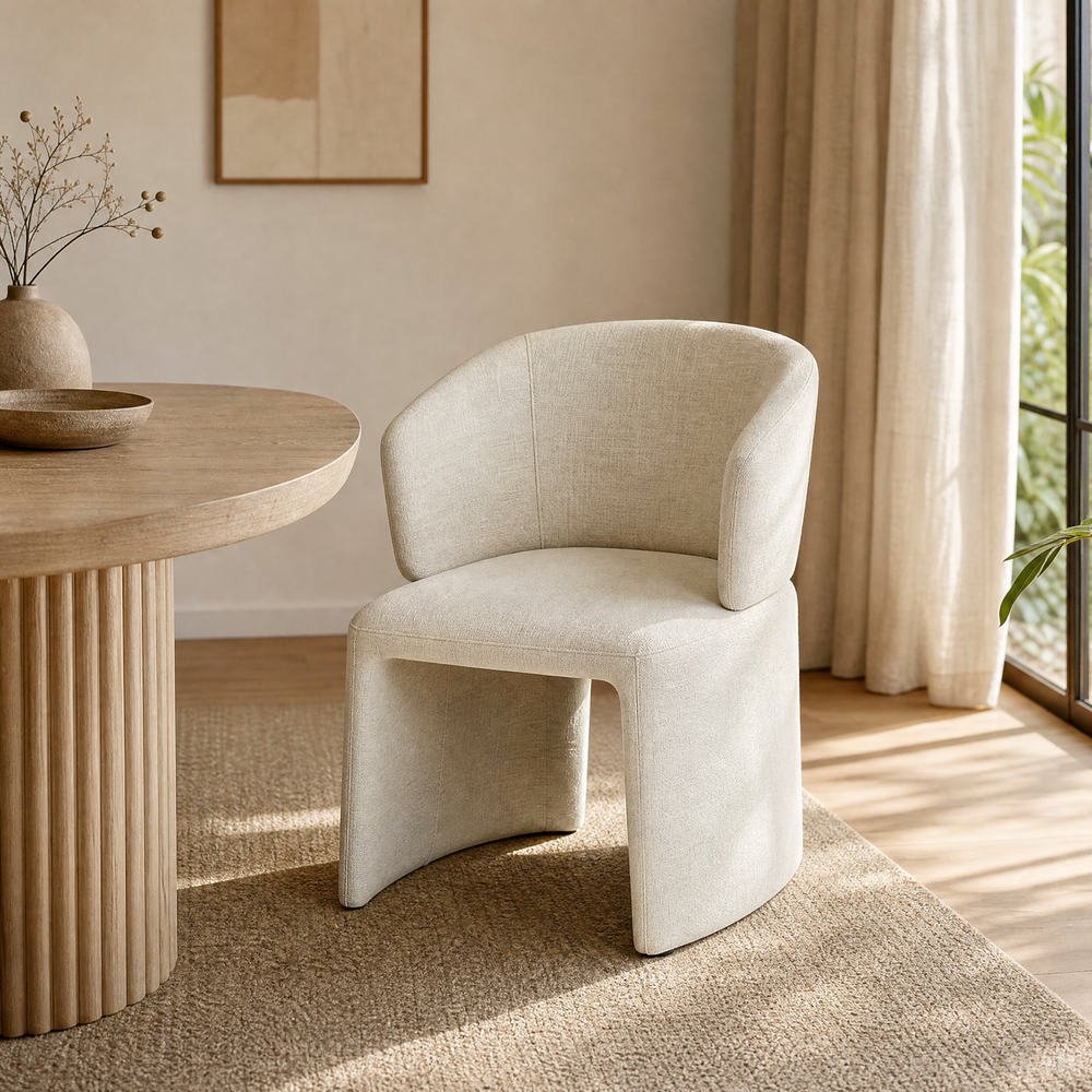 `Lumi 02 Beige Linen Dining Chair | Curved Armrest`