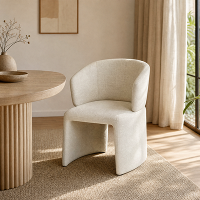 `Lumi 02 Beige Linen Dining Chair | Curved Armrest`