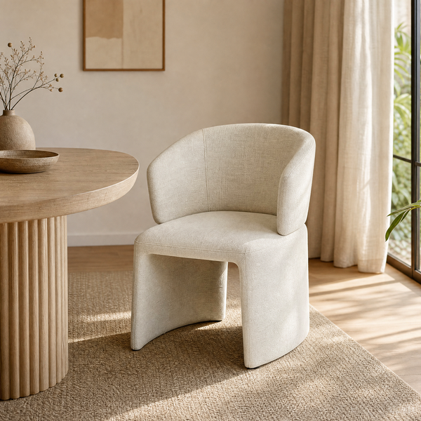 `Lumi 02 Beige Linen Dining Chair | Curved Armrest`