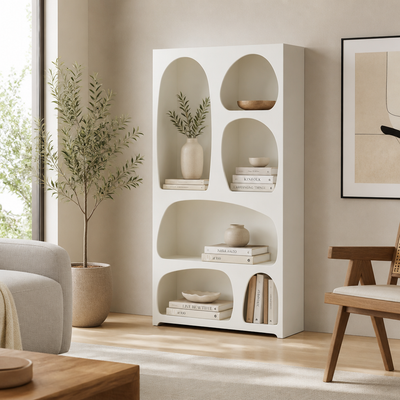 'ARKE 03 Tall Bookcase with Organic Cutout Compartments-Off-White'