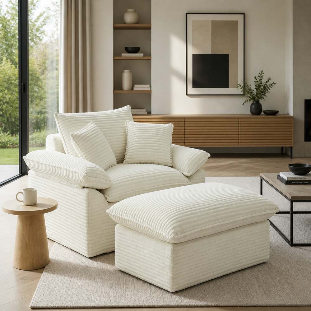 'LINO 04 Corduroy Armchair with Ottoman Set-Off-White'