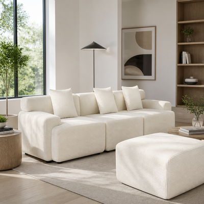 'LINO 09 Corduroy 3-Seater Sofa with Ottoman-Natural Beige'
