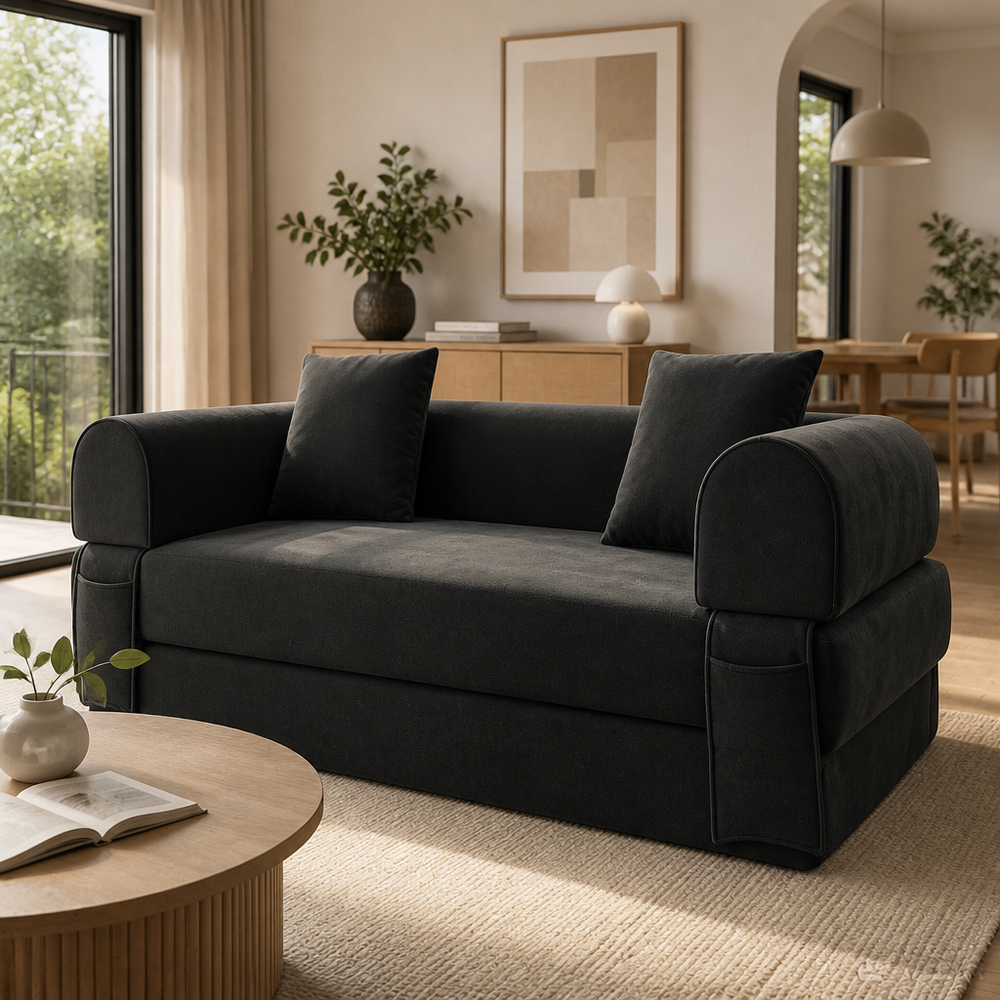 'LINO 02 Modern Sofa Bed with Decorative Pillows-Charcoal Black'