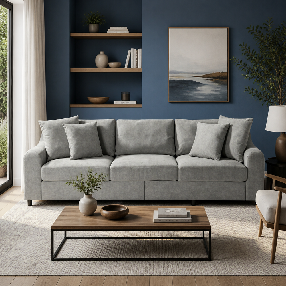 'LINO 03 3-Seater Living Room Sofa with Square Arms-Light Grey'