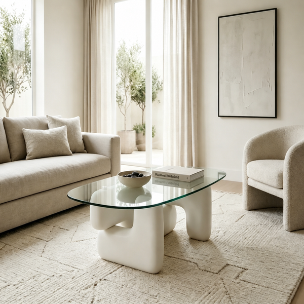 'VENNO 08 Sculptural Glass-Top Coffee Table-Cream Base'