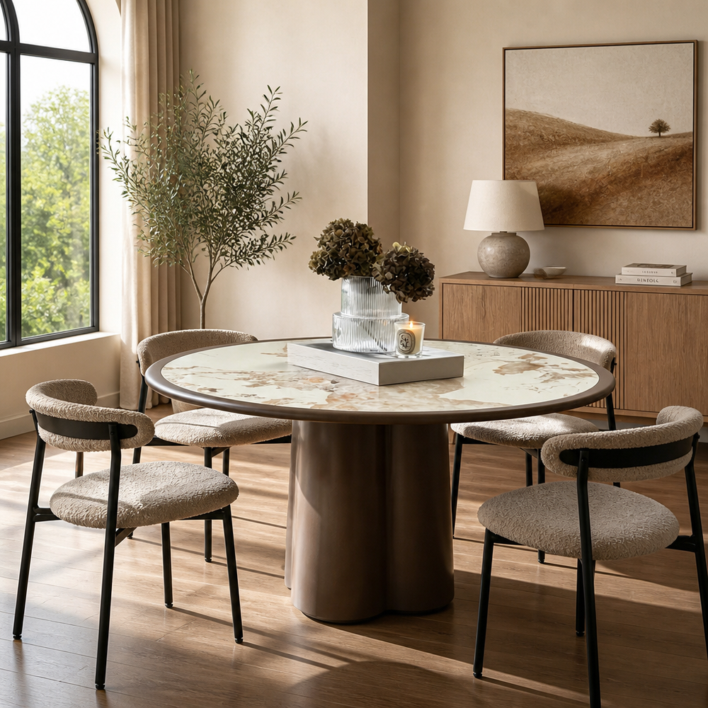 'VENNO 09 Round Marble Dining Table with Pedestal Base-Brown Finish'