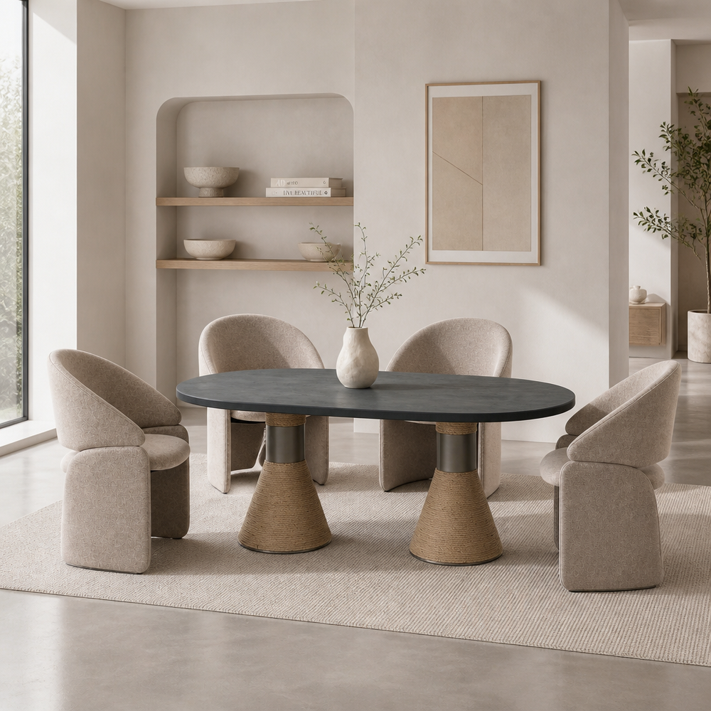 'CORAL 02 Oval Dining Table with Woven Jute Base-Dark Grey Top'