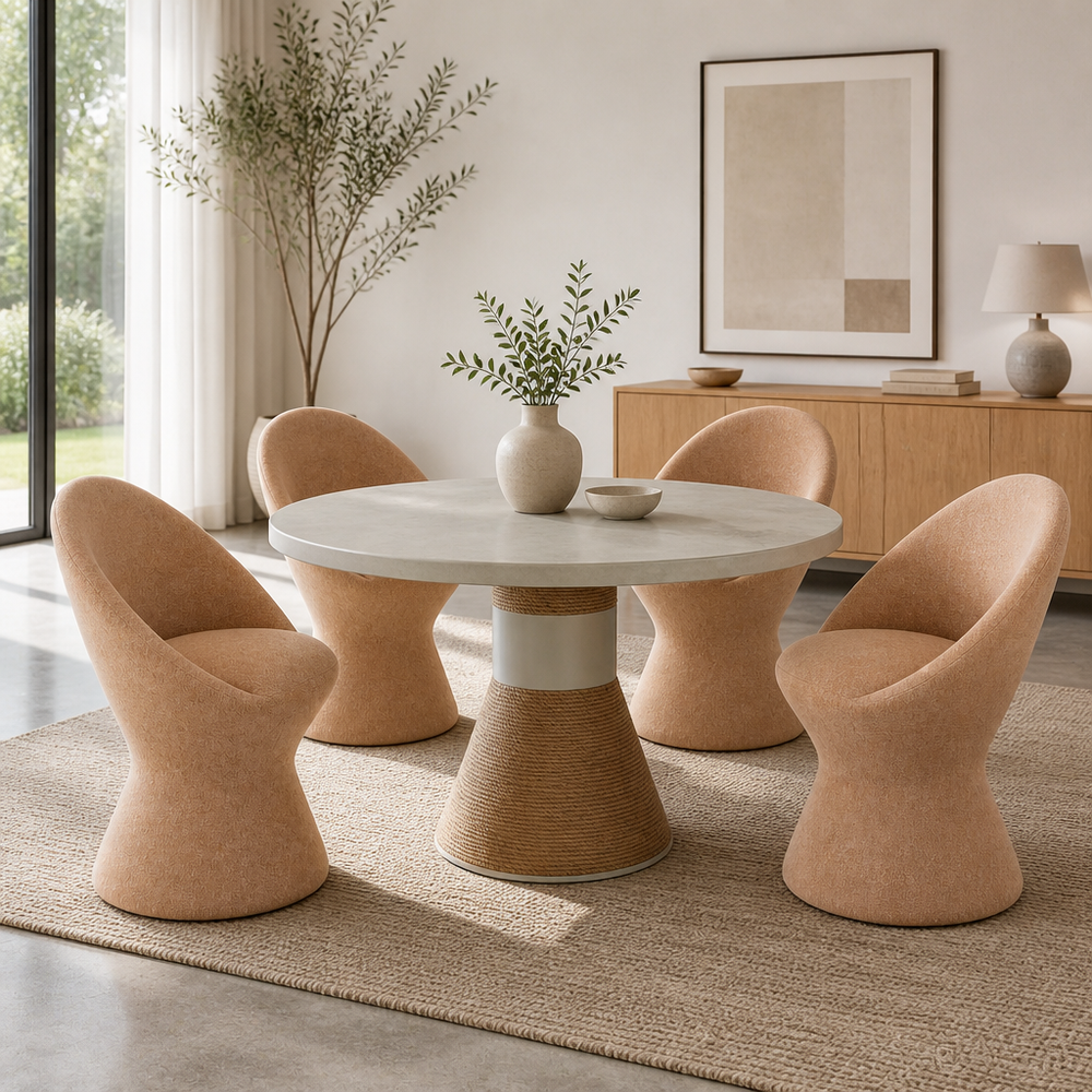 'CORAL 03 Round Dining Table with Two-Tone Woven Base-Light Stone Top'