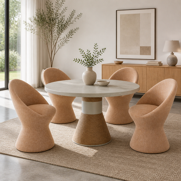 'CORAL 03 Round Dining Table with Two-Tone Woven Base-Light Stone Top'