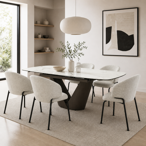 'CORAL 13 Extendable Oval Marble Dining Table with Integrated V Wood Base-Carrara White Top'