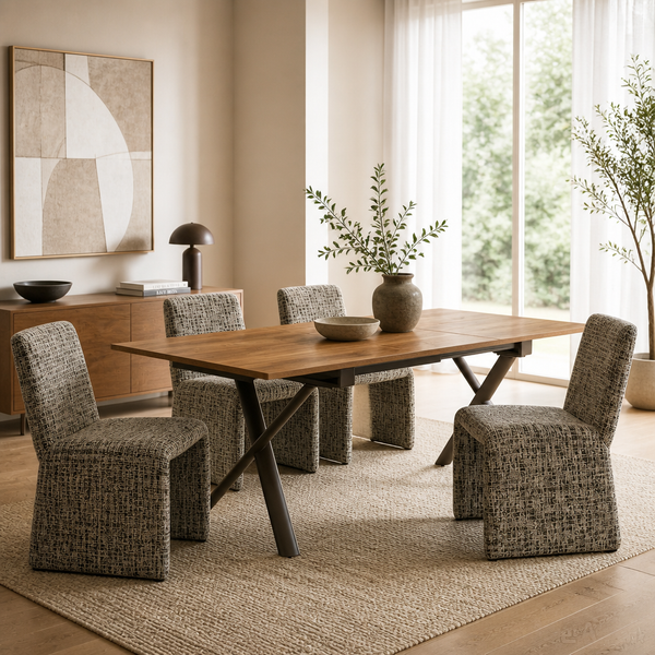 'VENNO 15 Solid Wood Dining Table with Cross Metal Legs-Walnut Brown'