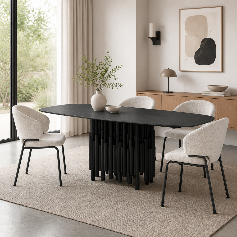 'CORAL 14 Black Sintered Stone Dining Table with Cluster Rod Base-Matte All-Black'