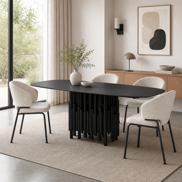 'CORAL 14 Black Sintered Stone Dining Table with Cluster Rod Base-Matte All-Black'