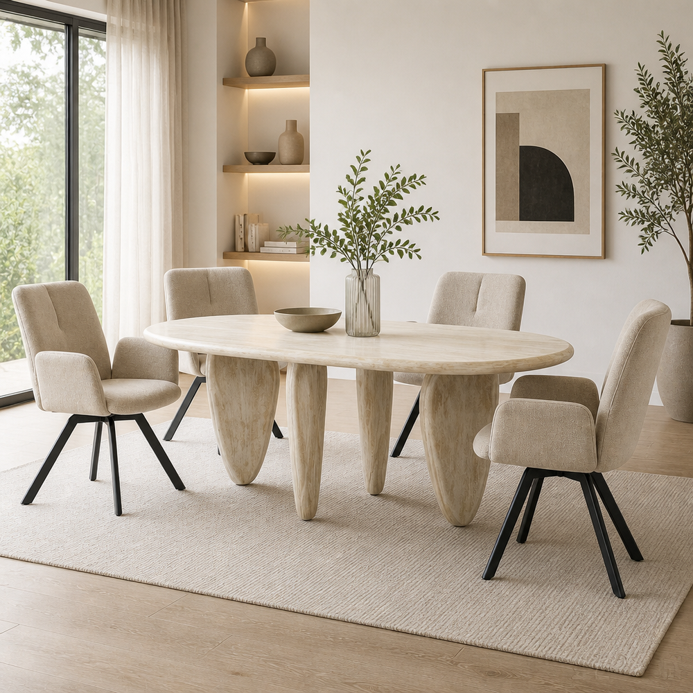 'CORAL 07 Dining Table with Drop-Shaped Travertine-Look Legs-Natural Finish'