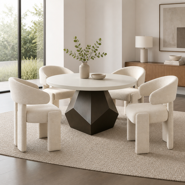 'CORAL 08 Round Dining Table with Geometric Metal Base-Off-White Top'