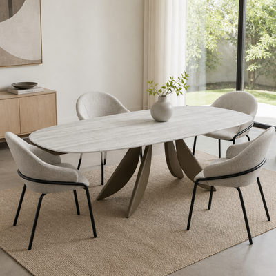 `CORAL 12 Oval Travertine-Look Dining Table with Split Blade Metal Base-Warm Bronze Finish`