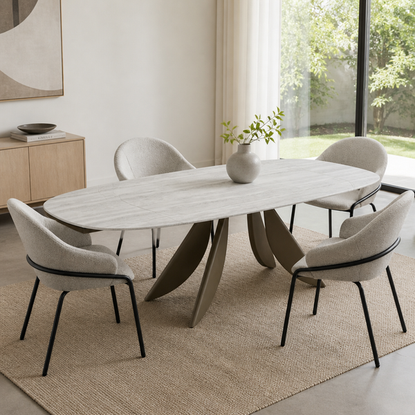 `CORAL 12 Oval Travertine-Look Dining Table with Split Blade Metal Base-Warm Bronze Finish`