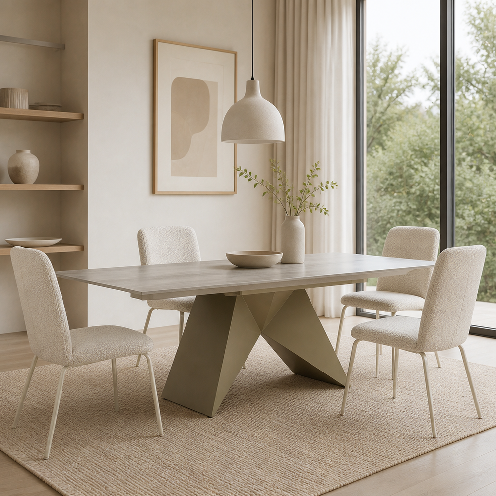 'CORAL 15 Rectangular Wood-Effect Dining Table with Prism Metal Legs-Light Khaki Base'