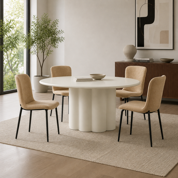 'CORAL 10 Round Dining Table with Fluted Column Base-Cream White'