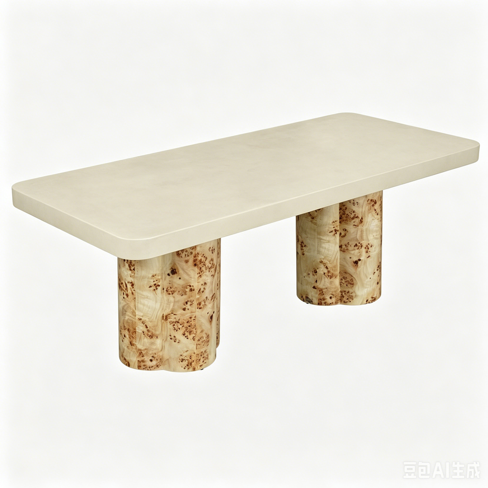 'CORAL 01 Rectangular Dining Table with Burl Wood Legs-Cream Top'