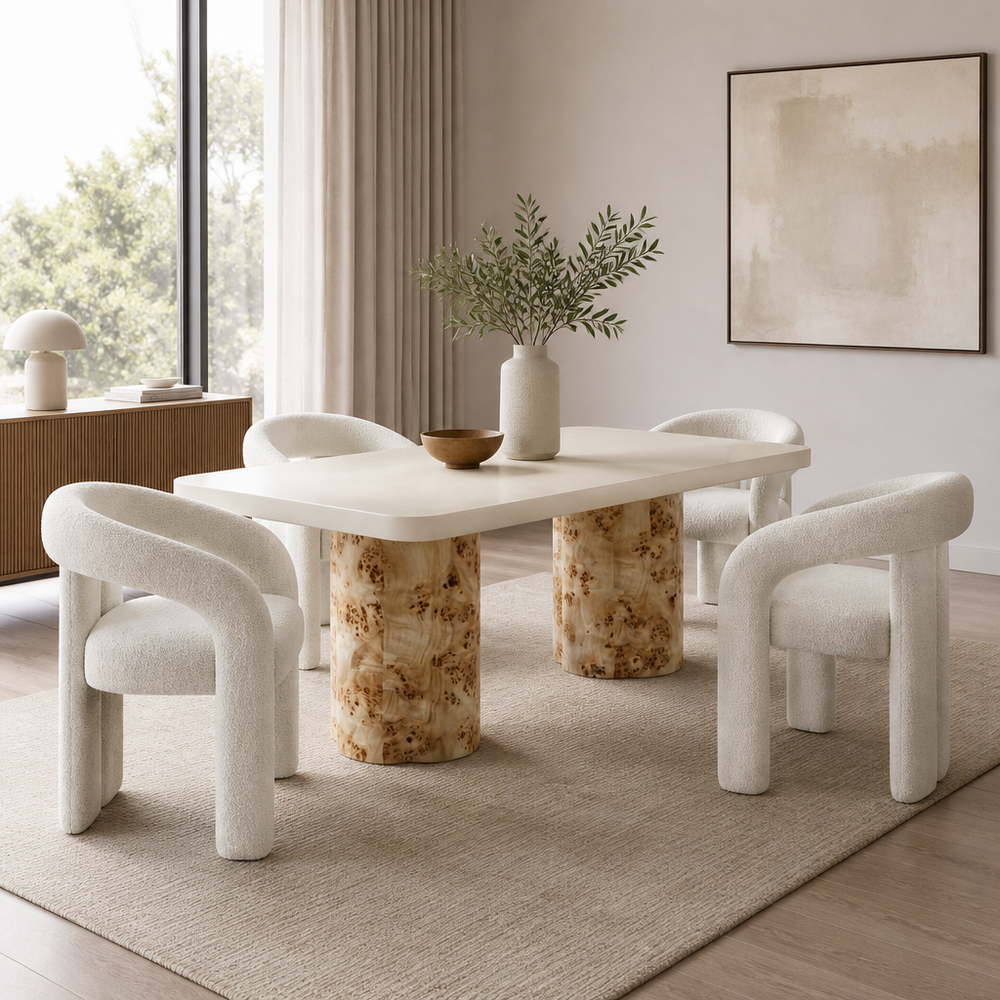 'CORAL 01 Rectangular Dining Table with Burl Wood Legs-Cream Top'
