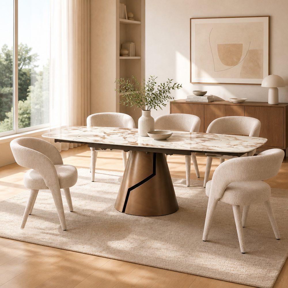 'VENNO 17 Extendable Marble Dining Table with Tapered Bronze Base-Brown Base'
