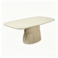 'VENNO 12 Upholstered-Look Oval Dining Table with Textured Base-Off-White'