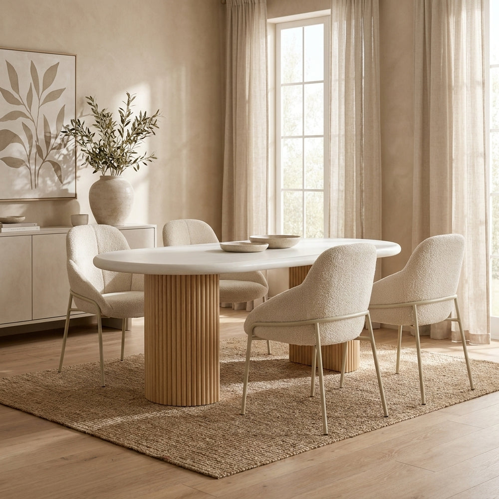 'VENNO 02 Oval Dining Table with Fluted Legs-White Top'