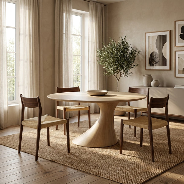 'VENNO 03 Round Dining Table with Pedestal Base-Natural Oak Color'