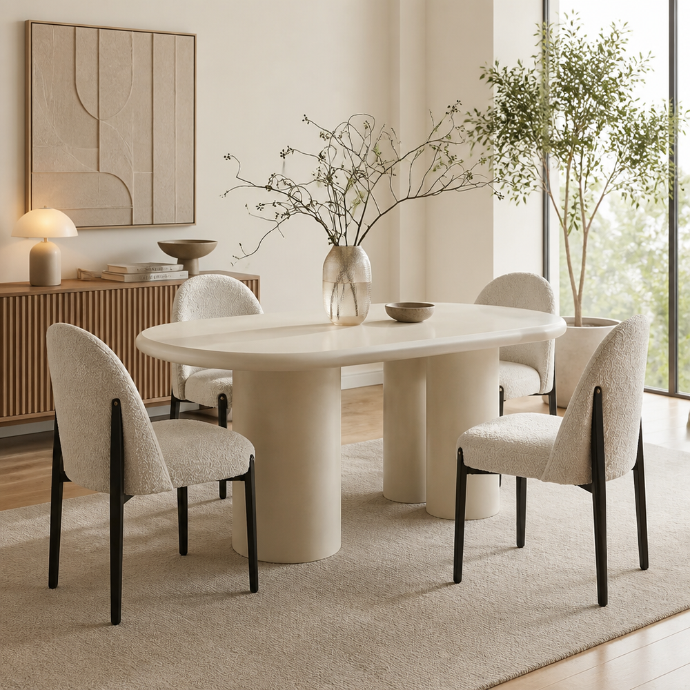 'VENNO 18 Oval Wabi-Sabi Dining Table with Triple Cylinder Base-Off-White'