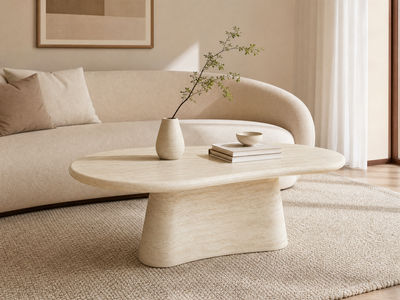 'VENNO 05 Irregular Coffee Table with Travertine-Look Finish-Off-White'