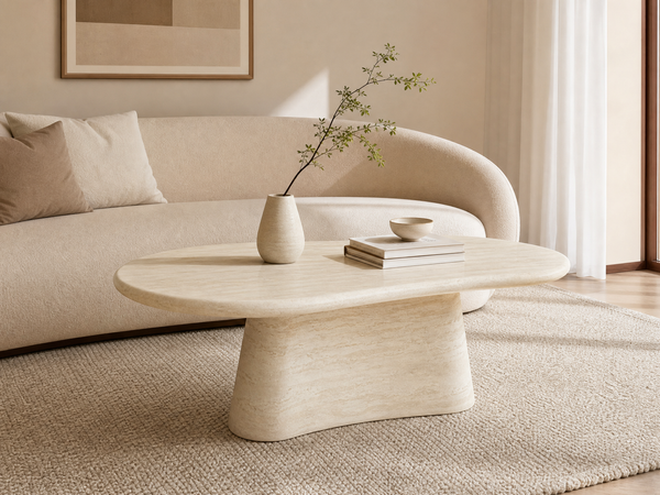 'VENNO 05 Irregular Coffee Table with Travertine-Look Finish-Off-White'