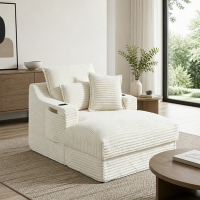 'LINO 08 Corduroy Recliner Chair with USB Armrest-Cream White'